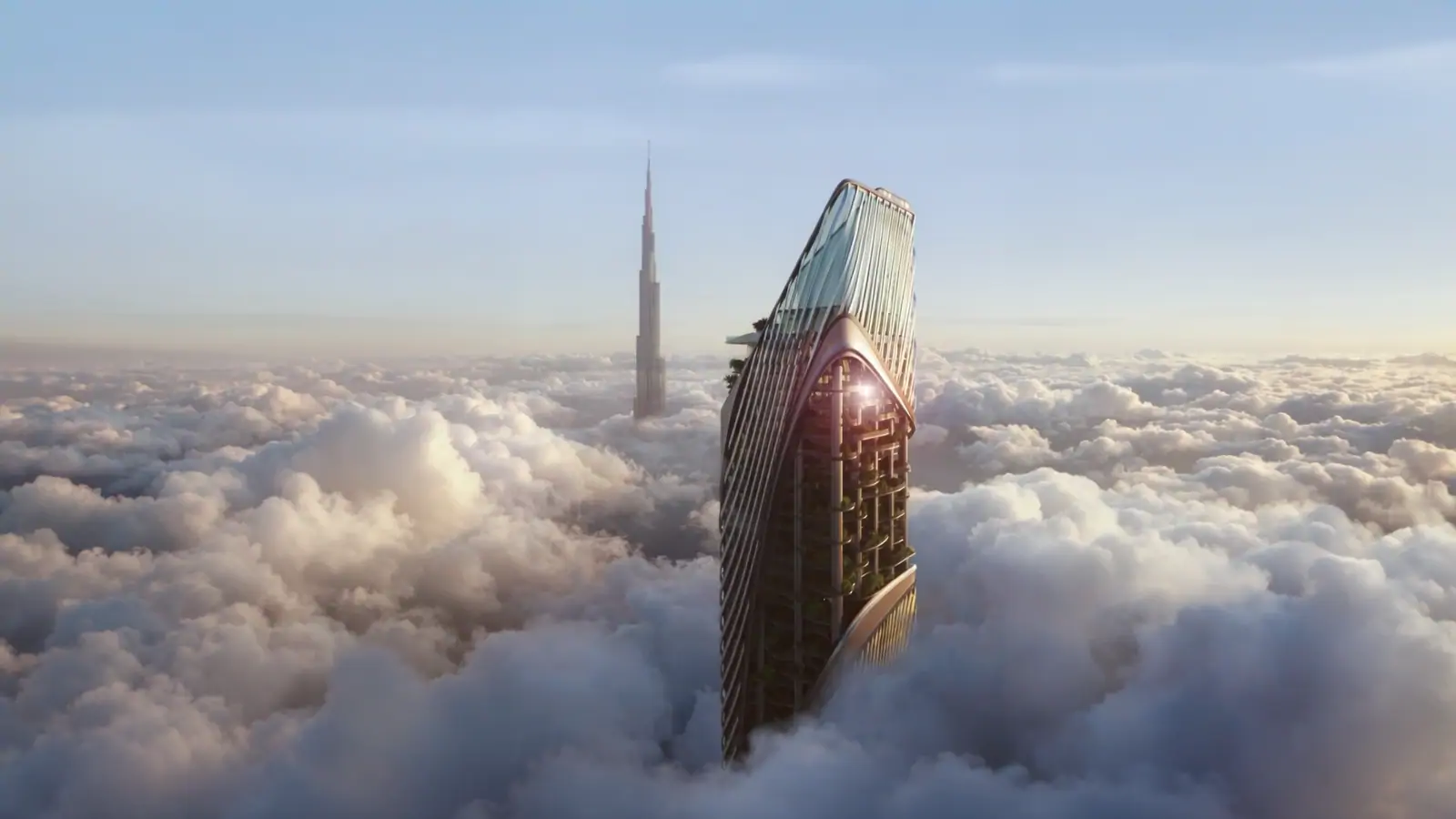 The tower rising above the clouds, with the Burj Khalifa in the distance