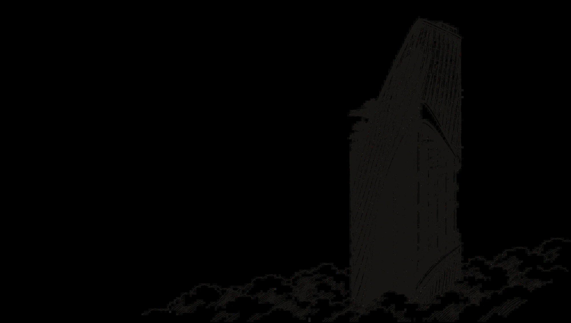 Hand-drawn ink illustration of the tower rising above the clouds