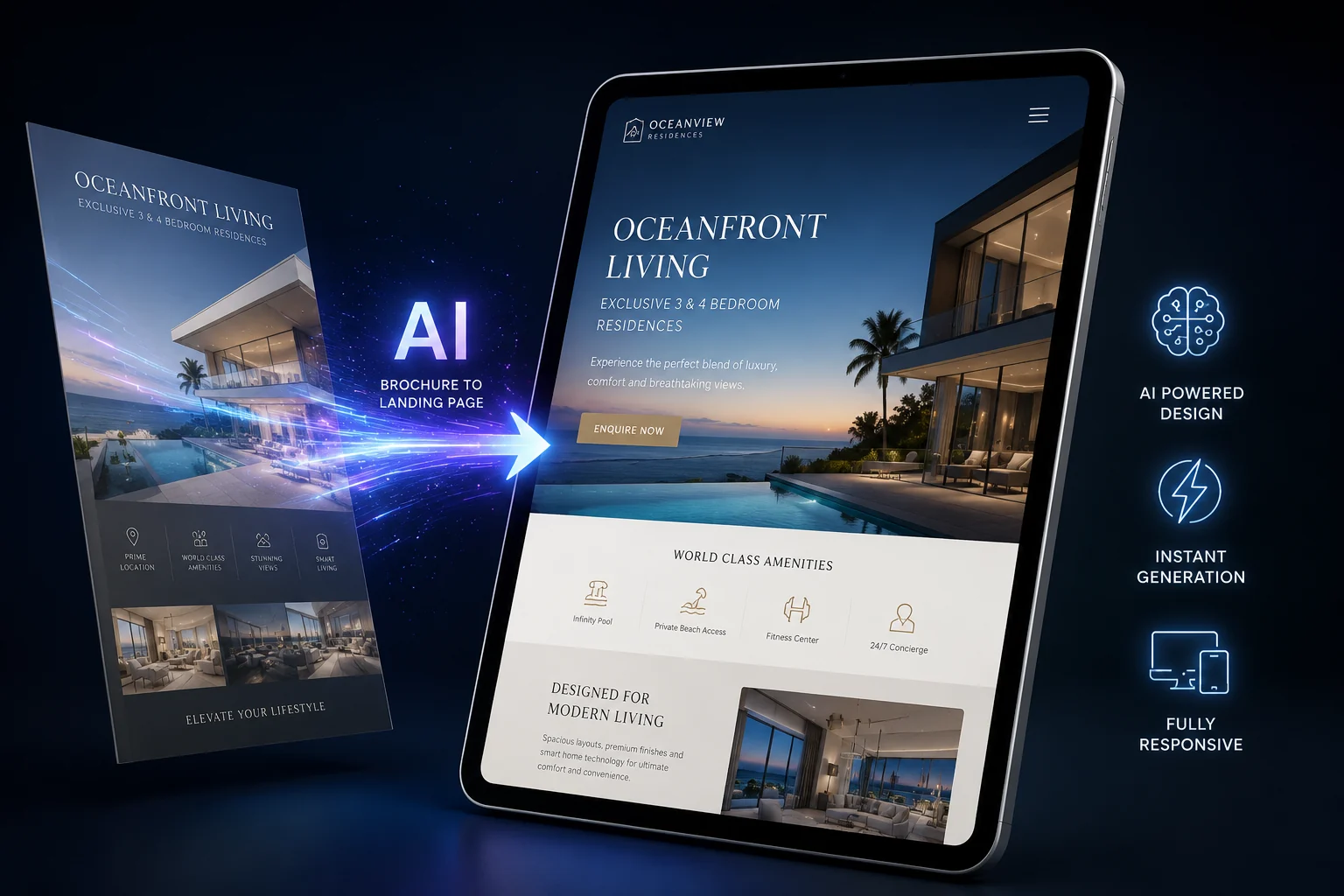 A developer's project brochure on the left turning into a finished landing page shown on a tablet, labelled AI powered design, instant generation and fully responsive